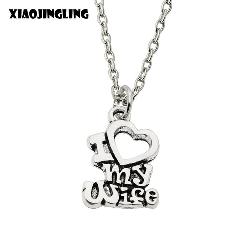 XIAOJINGLING Christmas Gift I Love My Wife Words Heart Retro Silver Charm Pendant Necklace