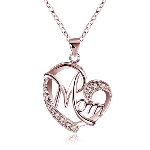 XIAOJINGLING Fashion Letter MOM Heart Shape Crystal Pendant Necklace