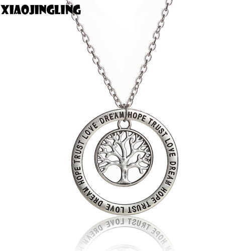 XIAOJINGLING Tree of Life Hollow Family Tree Charm Love Dream Hope Trust Words Circle Charm Pendant Necklace
