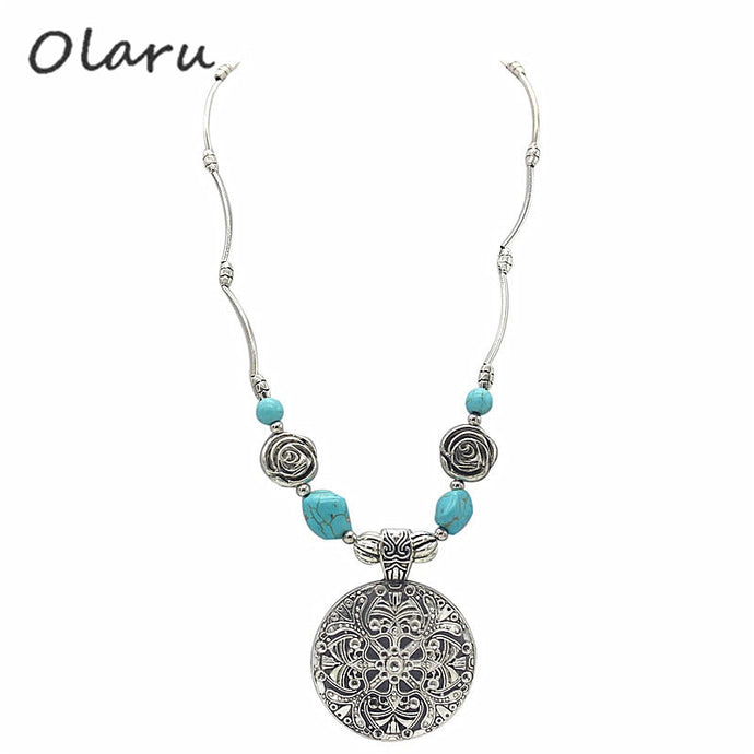 Olaru Factory Price Arrival Free Shipping Bohemia Tibet Jewelry Vintage stone Round Pendant Retro Necklace