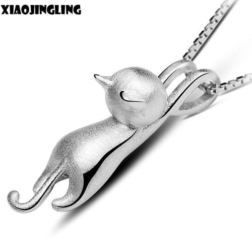 XIAOJINGLING Hot Sale Solid 925 Silver Lovely Matte Cat Pendant Climbing Naughty Animal Charm Necklace
