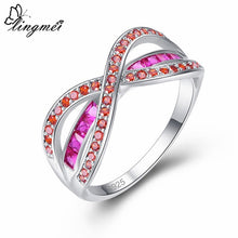 Load image into Gallery viewer, Lingmei Wedding Band Cross Fashion Round Cut Pink &amp; Red Zircon Silver 925 Ring
